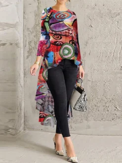 Graffiti Print High Low Long Sleeve Plus Size Blouse