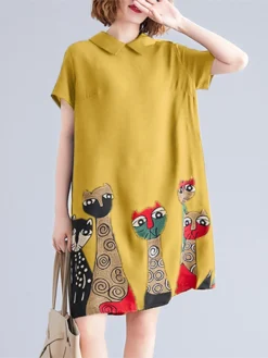 Cartoon Cat Print Short Sleeve Pocket Doll Collar Women Dress -Zanzea Shop 5ddc2c58 273b 47f8 935a 9a729df333f9