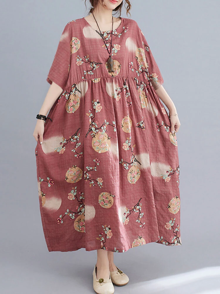 Flower Print Half Sleeve O-neck Loose Women Vintage Dress 3 Flower Print Half Sleeve O-neck Loose Women Vintage Dress - Image 3