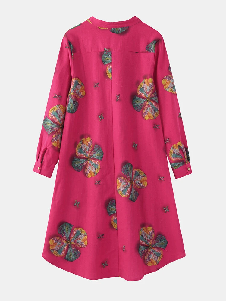 Calico Print Stand Collar Long Sleeve Plus Size Button Dress For Women 2 Calico Print Stand Collar Long Sleeve Plus Size Button Dress For Women - Image 2