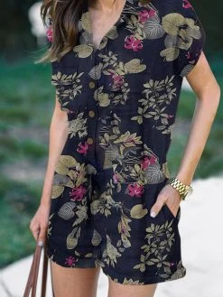 Flower Leaves Print Pocket Lapel Short Sleeve Romper -Zanzea Shop 5e295ace 5c69 471b a075 2731ed31b6ee