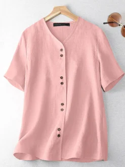 Solid Button Front Short Sleeve V-neck Casual Blouse -Zanzea Shop 5e2ed145 388d 41c0 82ba 05d2bf76121c