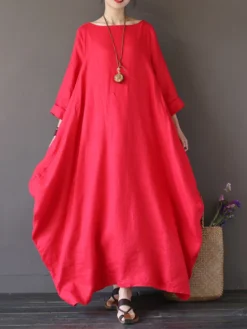Vintage Women Solid 3/4 Sleeve Loose Maxi Dress With Pocket -Zanzea Shop 5e3dcbbd 2d7a 4d8e b0de 270438c3ffa1