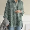 Women Floral Print Lapel High-Low Hem Long Sleeve Shirt