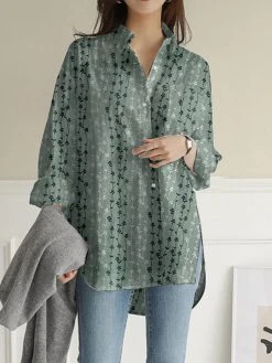 Women Floral Print Lapel High-Low Hem Long Sleeve Shirt