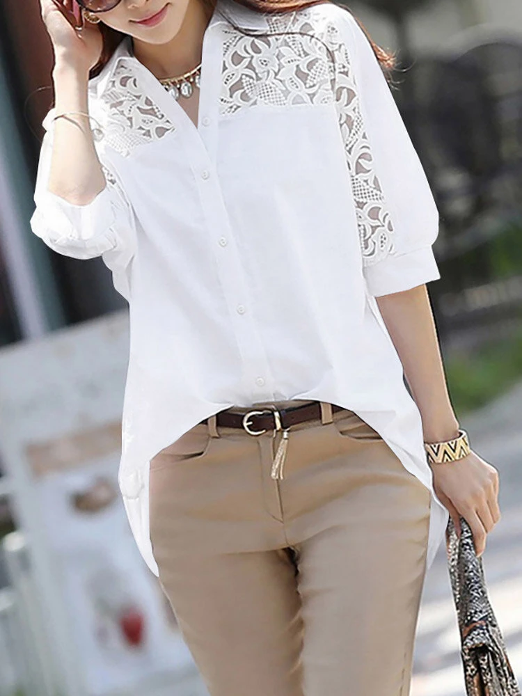 Lace Panel Solid Button Front Lapel Half Sleeve Shirt 3 Lace Panel Solid Button Front Lapel Half Sleeve Shirt - Image 3