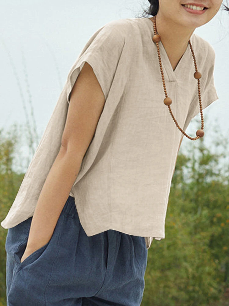 Solid High-low V-neck Short Sleeve Slit Casual Blouse 9 Solid High-low V-neck Short Sleeve Slit Casual Blouse - Image 9