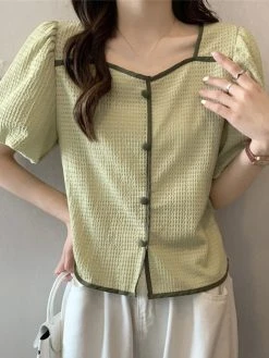 Contrast Square Collar Button Decor Short Sleeve Blouse -Zanzea Shop 5f1ad6a7 4a60 49c1 a4bf 56c6bdb83d6a