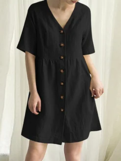 Cotton Solid Button Short Sleeve V-neck Casual Dress -Zanzea Shop 5f2edb1a 7b1e 4db7 adbb 595daea3ce41