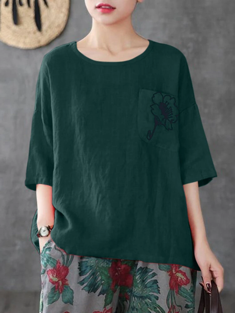 Flower Embroidery Pocket Half Sleeve Crew Neck Loose T-shirt 7 Flower Embroidery Pocket Half Sleeve Crew Neck Loose T-shirt - Image 7