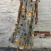 Plants Print Short Sleeve V-neck Dress For Women
