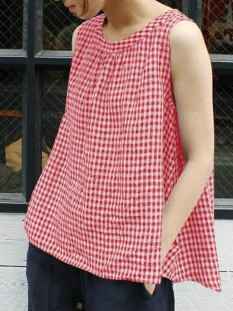 Plaid Knotted Round Neck Sleeveless Casual Tank Top 1 Plaid Knotted Round Neck Sleeveless Casual Tank Top