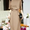 Solid Satin Keyhole Back Half Sleeve Casual Dress With Belt