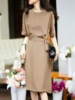 Solid Satin Keyhole Back Half Sleeve Casual Dress With Belt