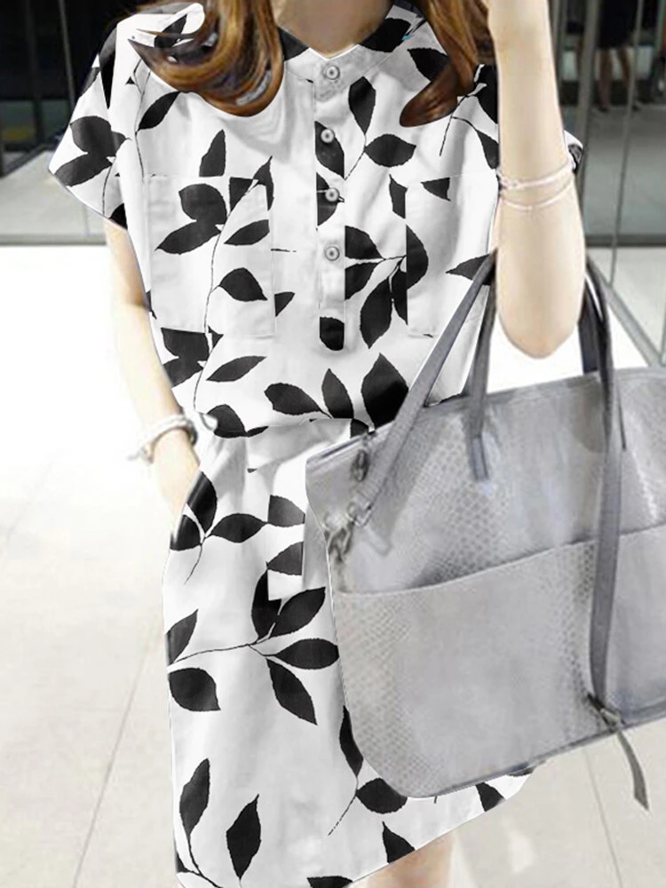 Leaves Print Button Pocket Short Sleeve Dress With Belt 9 Leaves Print Button Pocket Short Sleeve Dress With Belt - Image 9