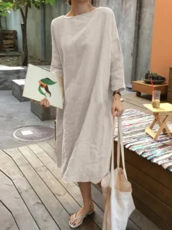 Solid Long Sleeve Loose Crew Neck Vintage Dress -Zanzea Shop 6045fe9a 308d 486d 8e87 bd3b7247931a