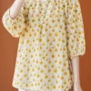Allover Floral Print Button 3/4 Sleeve Crew Neck Blouse