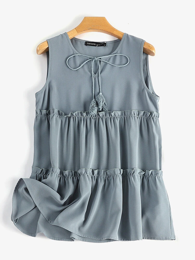 Women Lettuce Trim Tiered Tie Neck Sleeveless Tank Top 7 Women Lettuce Trim Tiered Tie Neck Sleeveless Tank Top - Image 7