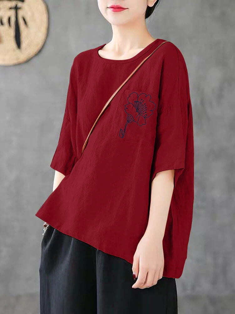 Flower Embroidery Pocket Half Sleeve Crew Neck Loose T-shirt 11 Flower Embroidery Pocket Half Sleeve Crew Neck Loose T-shirt - Image 11
