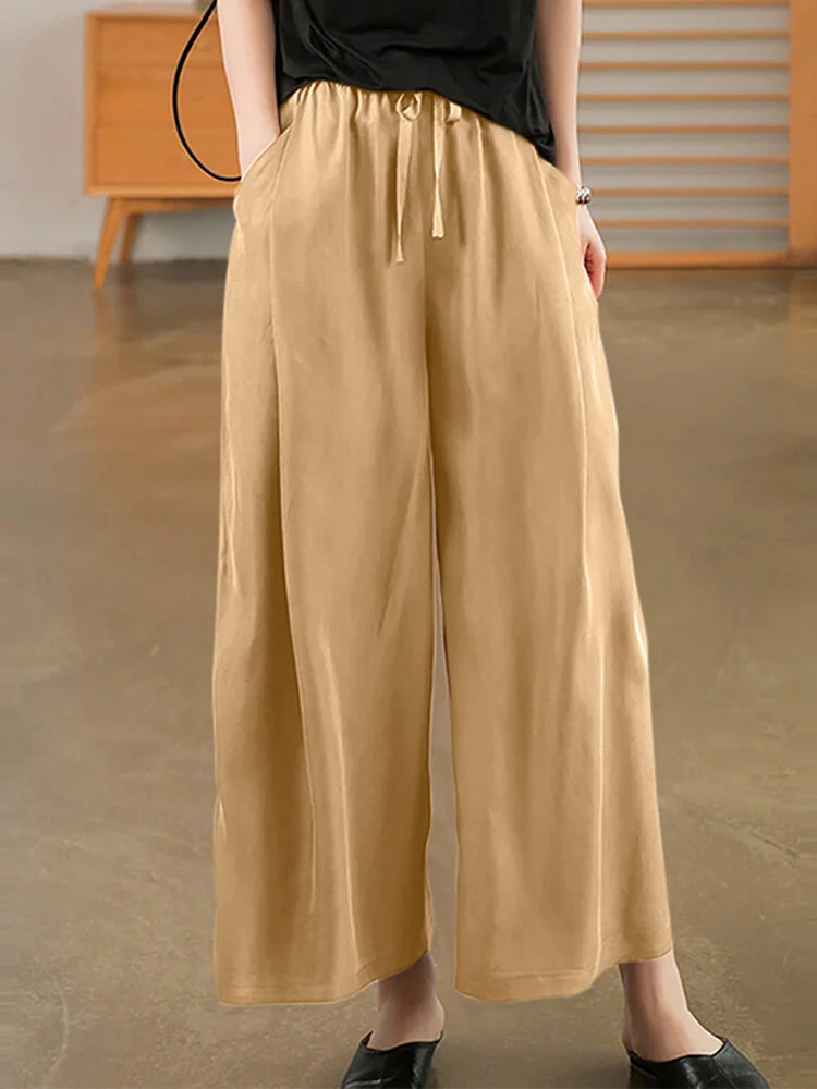Women Solid Drawstring Waist Casual Wide Leg Pants 2 Women Solid Drawstring Waist Casual Wide Leg Pants - Image 2