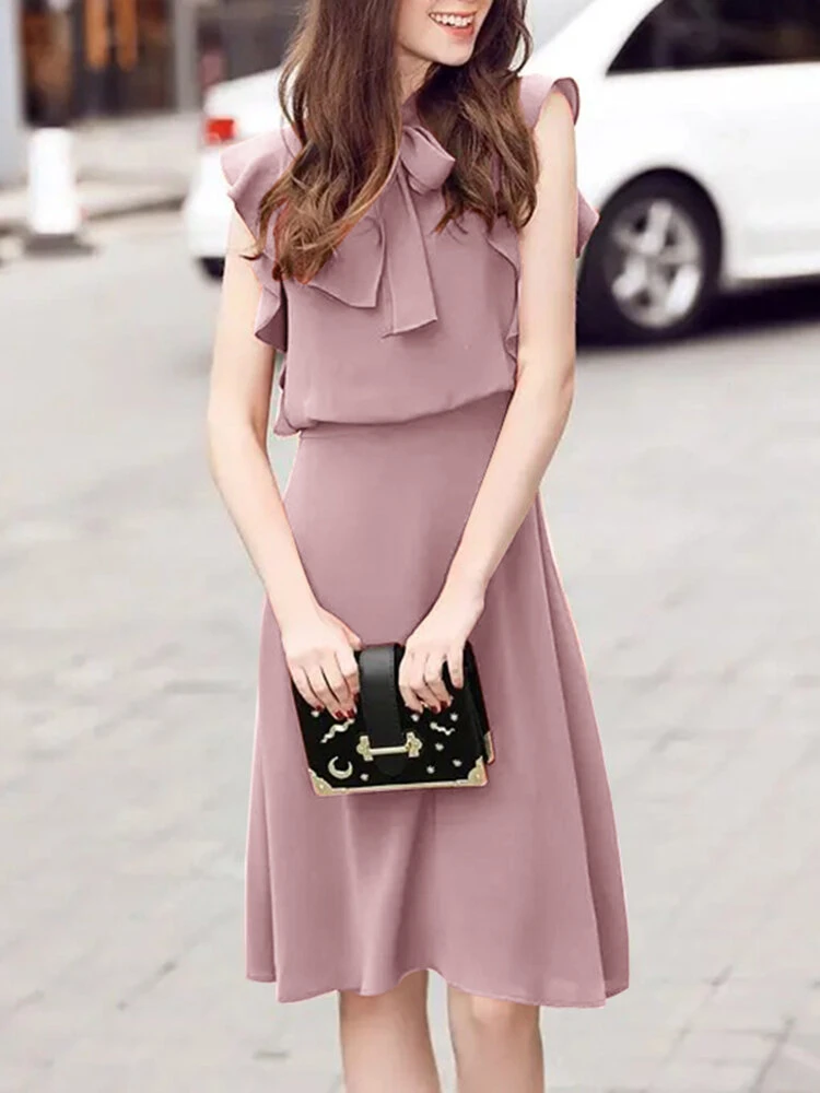 Solid Ruffle Sleeve Tie Neck Invisible Zip Back Dress 12 Solid Ruffle Sleeve Tie Neck Invisible Zip Back Dress - Image 12