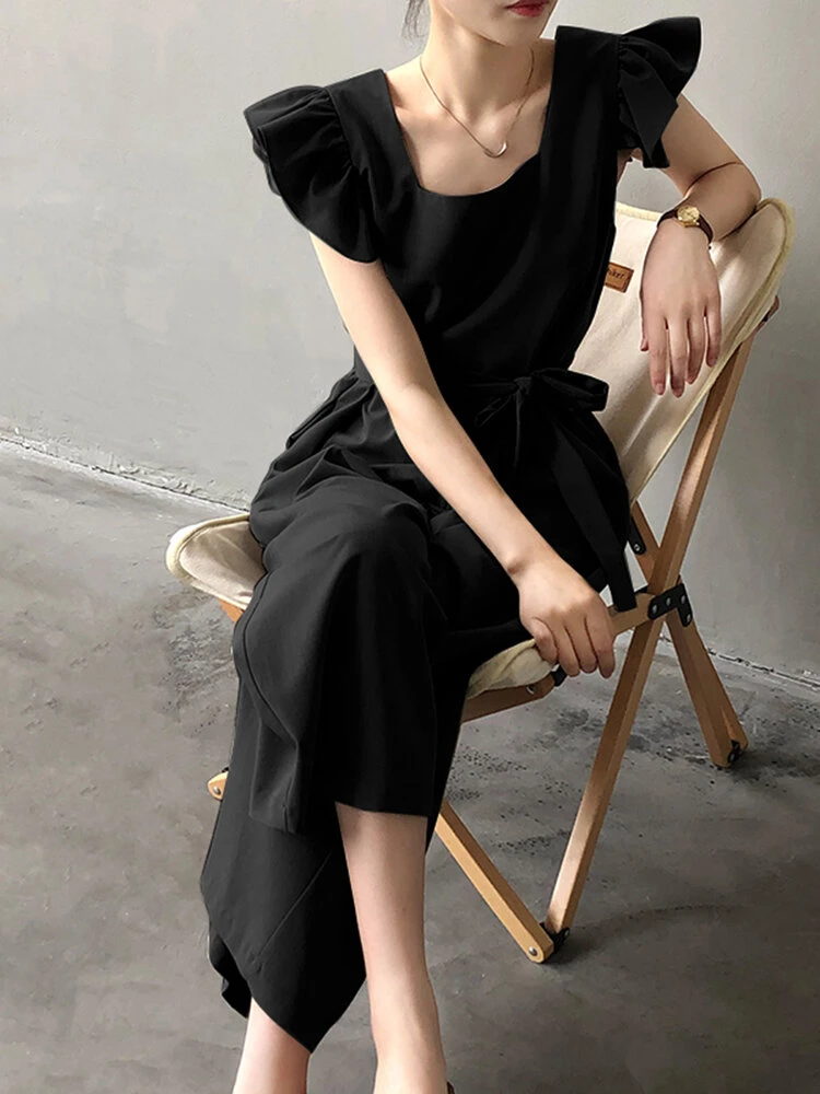 Solid Ruffle Sleeve Pocket Square Collar Wide Leg Jumpsuit 6 Solid Ruffle Sleeve Pocket Square Collar Wide Leg Jumpsuit - Image 6