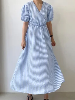 Puff Sleeve Wrap V-neck Stripe Print Midi Dress -Zanzea Shop 60d509f3 86f2 4ed8 8e73 53aabc54a9c6
