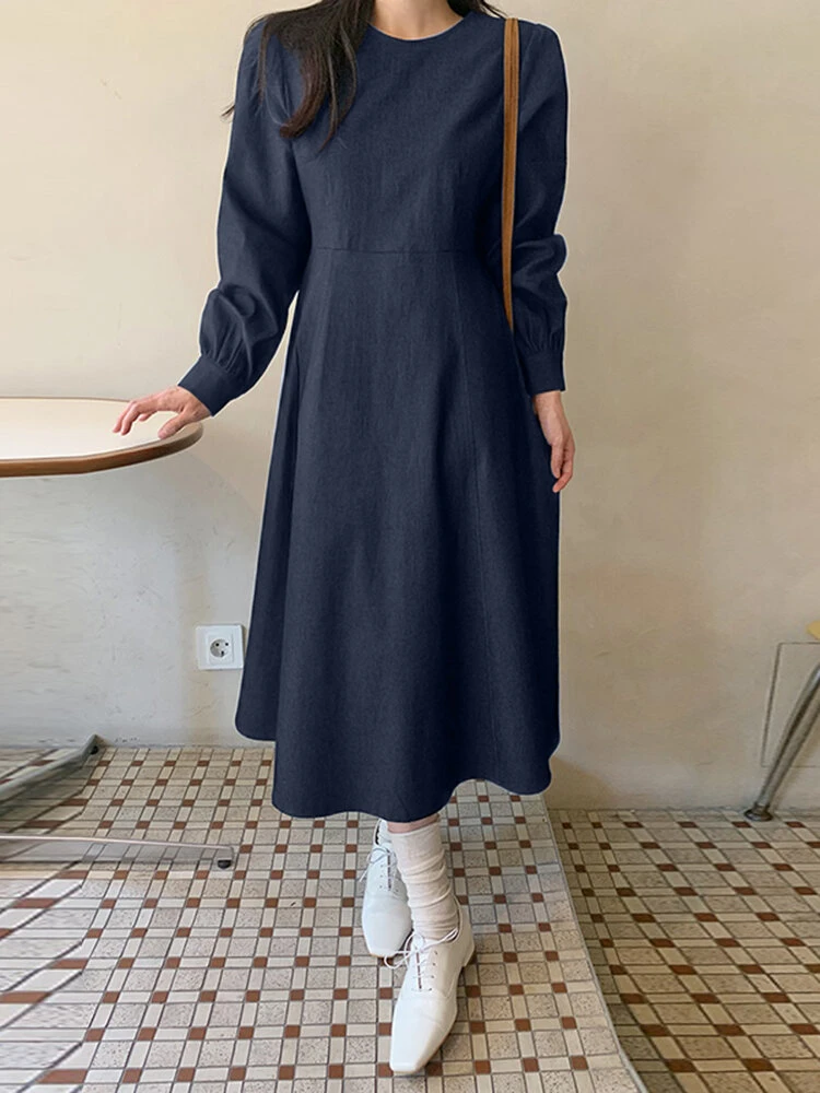 Solid Long Sleeve Casual A-line Denim Dress 6 Solid Long Sleeve Casual A-line Denim Dress - Image 6