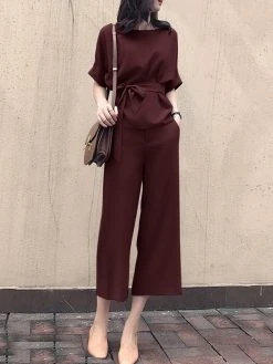 Solid Belt Pocket Rolled Sleeve Wide Leg Two Pieces Suit -Zanzea Shop 60da7251 abd1 4b1a ac98 fca374924329