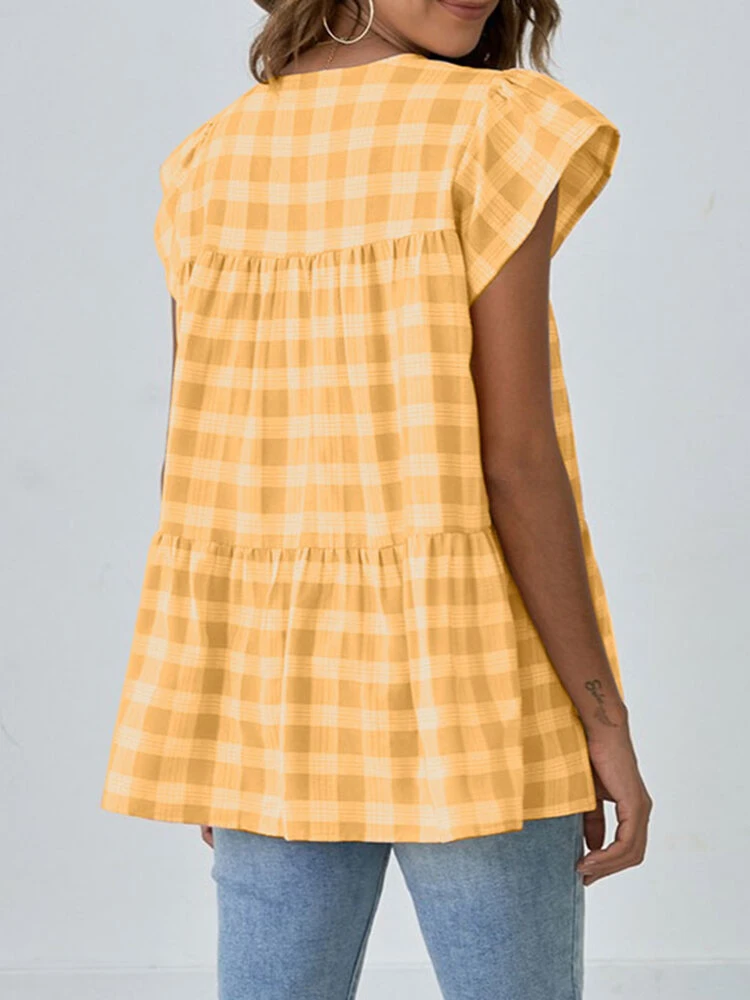 Women Check Print Ruffle Sleeve V-neck A-line Blouse 5 Women Check Print Ruffle Sleeve V-neck A-line Blouse - Image 5