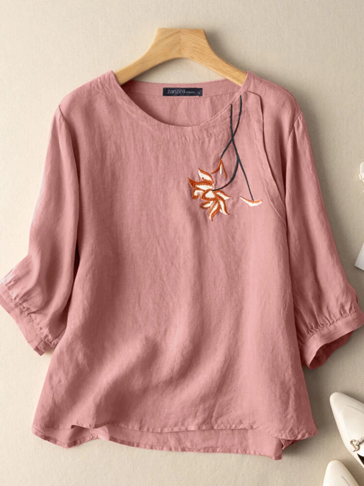 Flower Embroidery Crew Neck 3/4 Sleeve Casual Blouse 5 Flower Embroidery Crew Neck 3/4 Sleeve Casual Blouse - Image 5