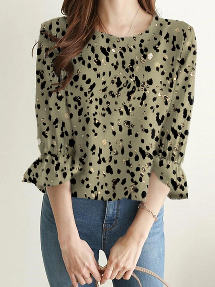 Random Allover Print Crew Neck Casual 3/4 Sleeve Blouse 11 Random Allover Print Crew Neck Casual 3/4 Sleeve Blouse - Image 11