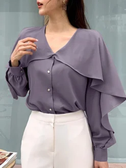 Ruffle Solid Long Sleeve V-neck Button Front Blouse -Zanzea Shop 612fbac4 1bce 4898 b8f0 ee201fe06343