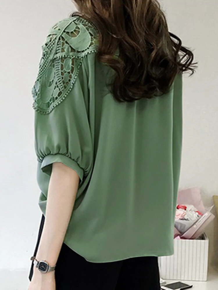 Women Hollow Stitch Half Sleeve Crew Neck Blouse 2 Women Hollow Stitch Half Sleeve Crew Neck Blouse - Image 2