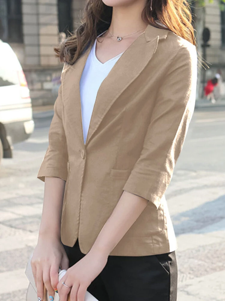 Solid Lapel Pocket Button Front 3/4 Sleeve Blazer 4 Solid Lapel Pocket Button Front 3/4 Sleeve Blazer - Image 4