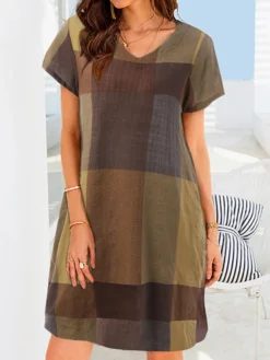 Check Pattern Short Sleeve V-neck Dress For Women -Zanzea Shop 6154d732 1963 4762 9d40 6ddeafc88500