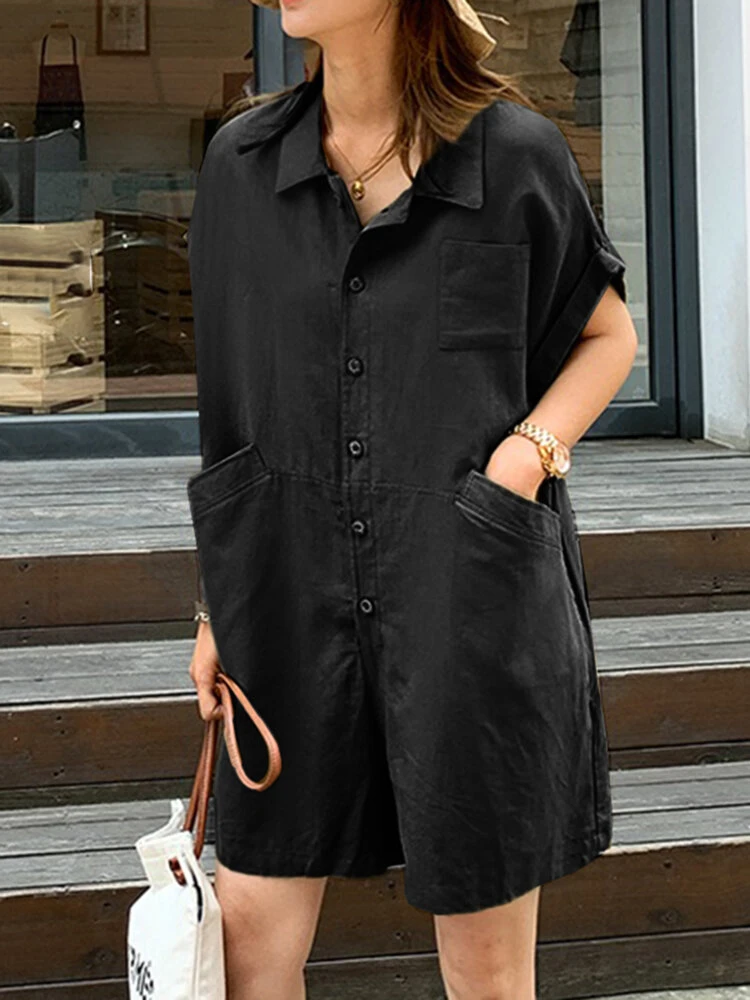 Solid Loose Pocket Button Lapel Short Sleeve Romper 4 Solid Loose Pocket Button Lapel Short Sleeve Romper - Image 4