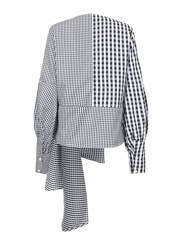 Contrast Plaid Bishop Sleeve Knot Plus Size Blouse 7 Contrast Plaid Bishop Sleeve Knot Plus Size Blouse - Image 7