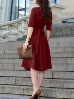 Solid Tie Back Half Sleeve Notch Neck Casual Dress -Zanzea Shop 619a900c 2602 4148 8338 7966d45ab0b9