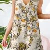 Plant Print Pocket Button Sleeveless V Neck Casual Cotton Romper