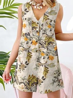 Plant Print Pocket Button Sleeveless V Neck Casual Cotton Romper