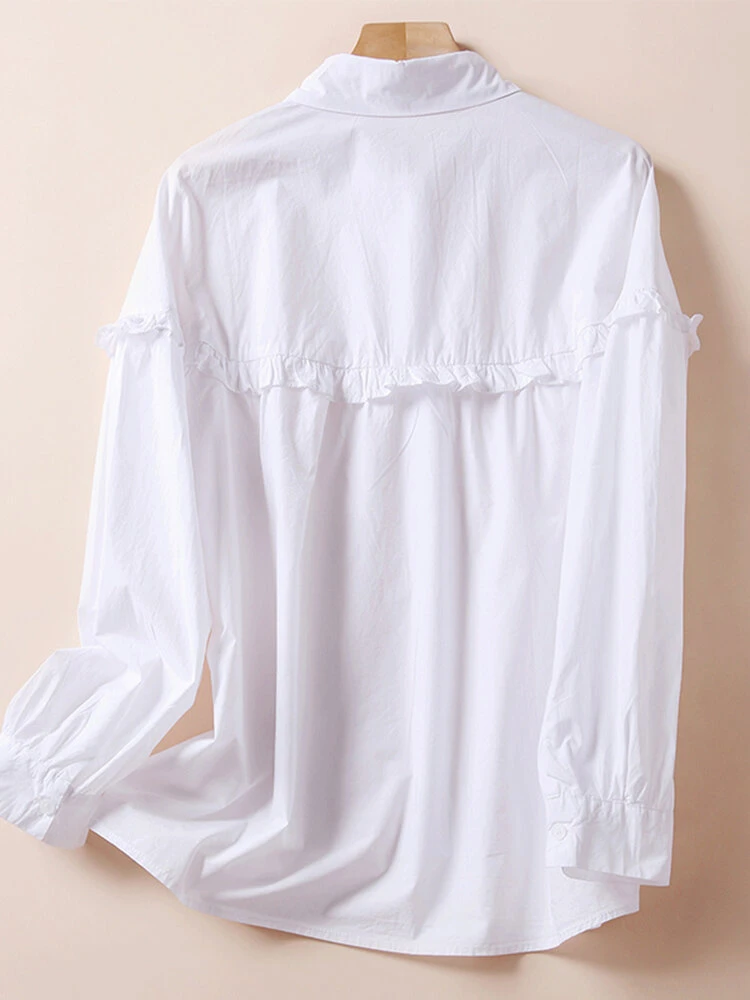 Solid Ruffle Trim Button Front Lapel Long Sleeve Shirt 2 Solid Ruffle Trim Button Front Lapel Long Sleeve Shirt - Image 2