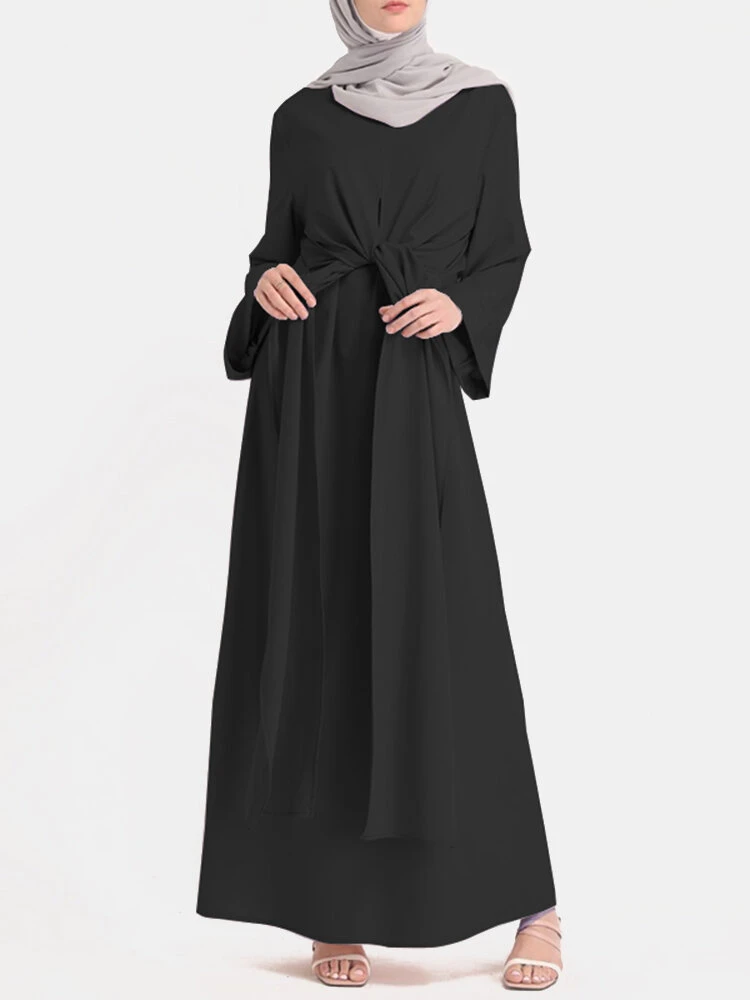 Solid Color Knotted Long Sleeve Maxi Muslim Dress 6 Solid Color Knotted Long Sleeve Maxi Muslim Dress - Image 6