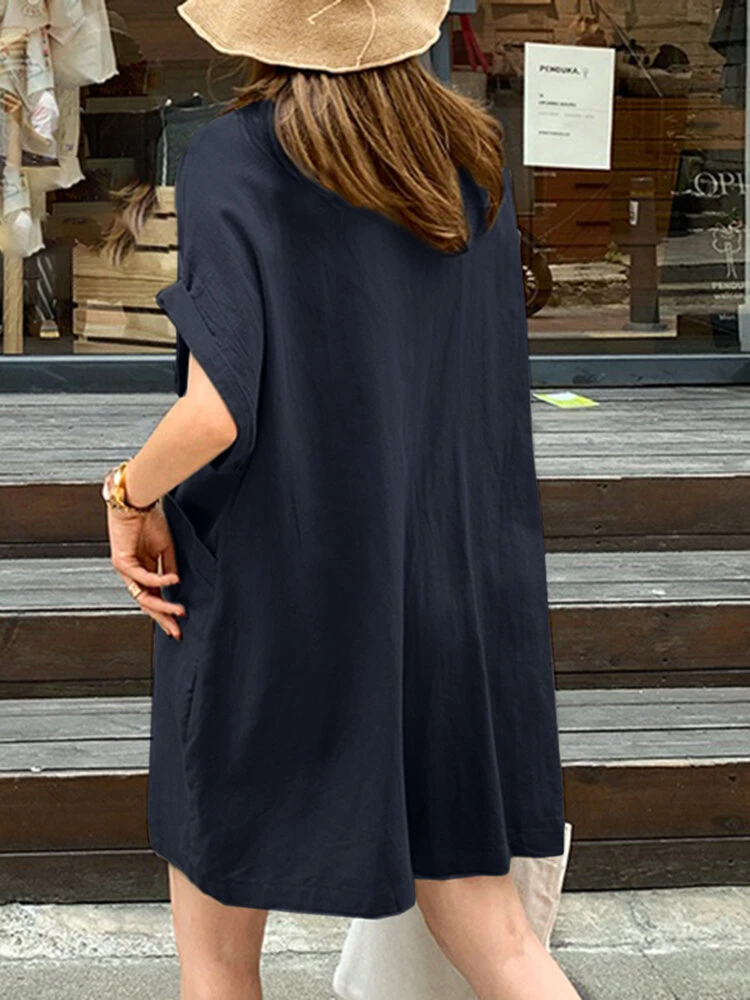 Solid Loose Pocket Button Lapel Short Sleeve Romper 2 Solid Loose Pocket Button Lapel Short Sleeve Romper - Image 2