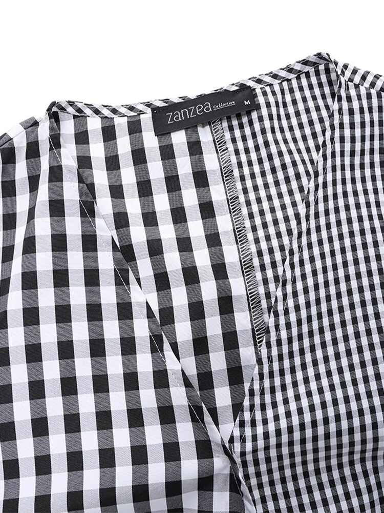 Contrast Plaid Bishop Sleeve Knot Plus Size Blouse 8 Contrast Plaid Bishop Sleeve Knot Plus Size Blouse - Image 8