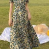 Random Allover Floral Print Puff Sleeve Square Collar Maxi Dress