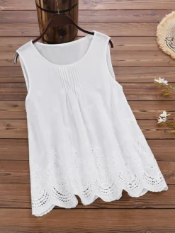 Solid Color Hollow Out Pleated Sleeveless Tank Top -Zanzea Shop 62135605 b275 4828 afa6 0c454b9a881b