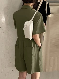 Solid Pocket Drawstring Waist Button Lapel Short Sleeve Romper -Zanzea Shop 62a25519 7bcb 488c 9084 0335519aff0d