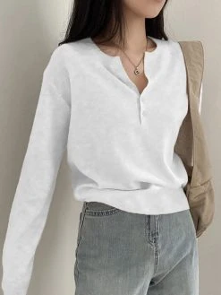 Solid Long Sleeve Half Placket Button Crew Neck Knit T-shirt -Zanzea Shop 62a5ed6b a459 4214 bf4f 92f7b0977144