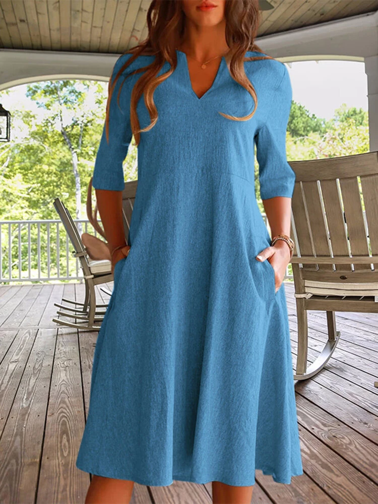 Women Solid Notched Neck Slant Pocket Half Sleeve Dress 2 Women Solid Notched Neck Slant Pocket Half Sleeve Dress - Image 2